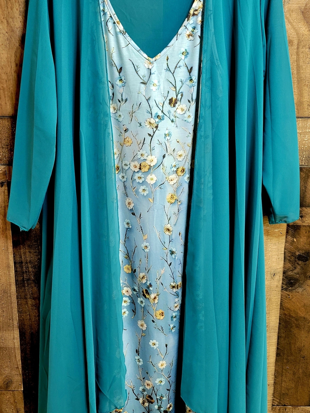 Source Unknown Seafoam Maxi Dress with Pale Blue Floral Slip